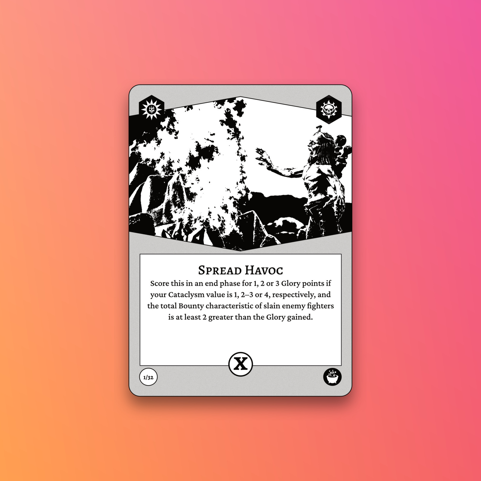 A game card titled SPREAD Havoc displays rules for scoring points based on Cataclysm values and Bounty characteristics, accompanied by a black-and-white image of a figure raising their arm near a rocky landscape.