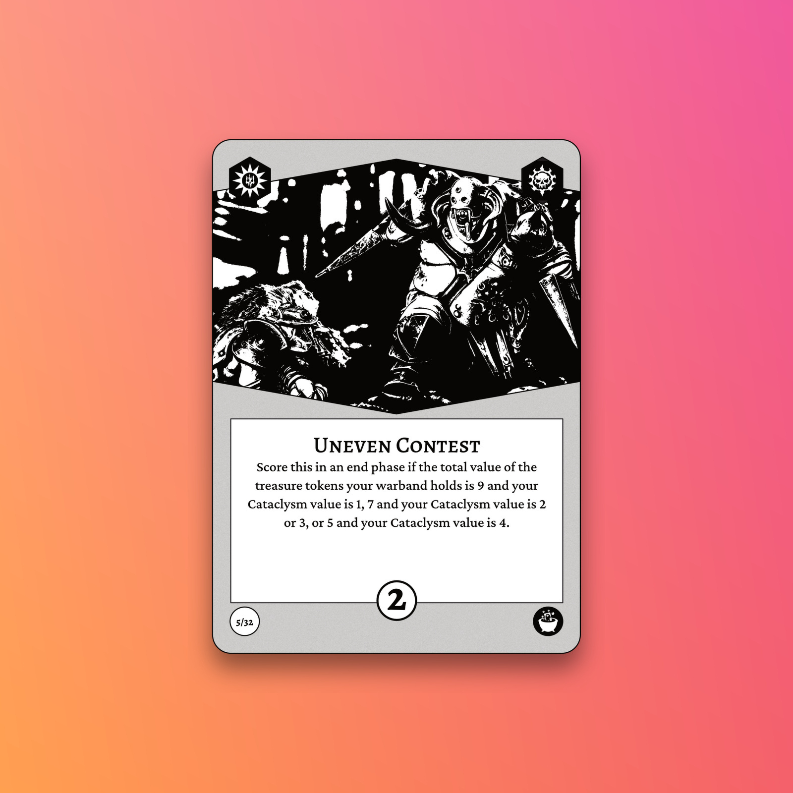 A game card titled Uneven Contest features a black and white illustration of two armored figures in combat and provides scoring instructions based on treasure tokens and Cataclysm values held by the player.