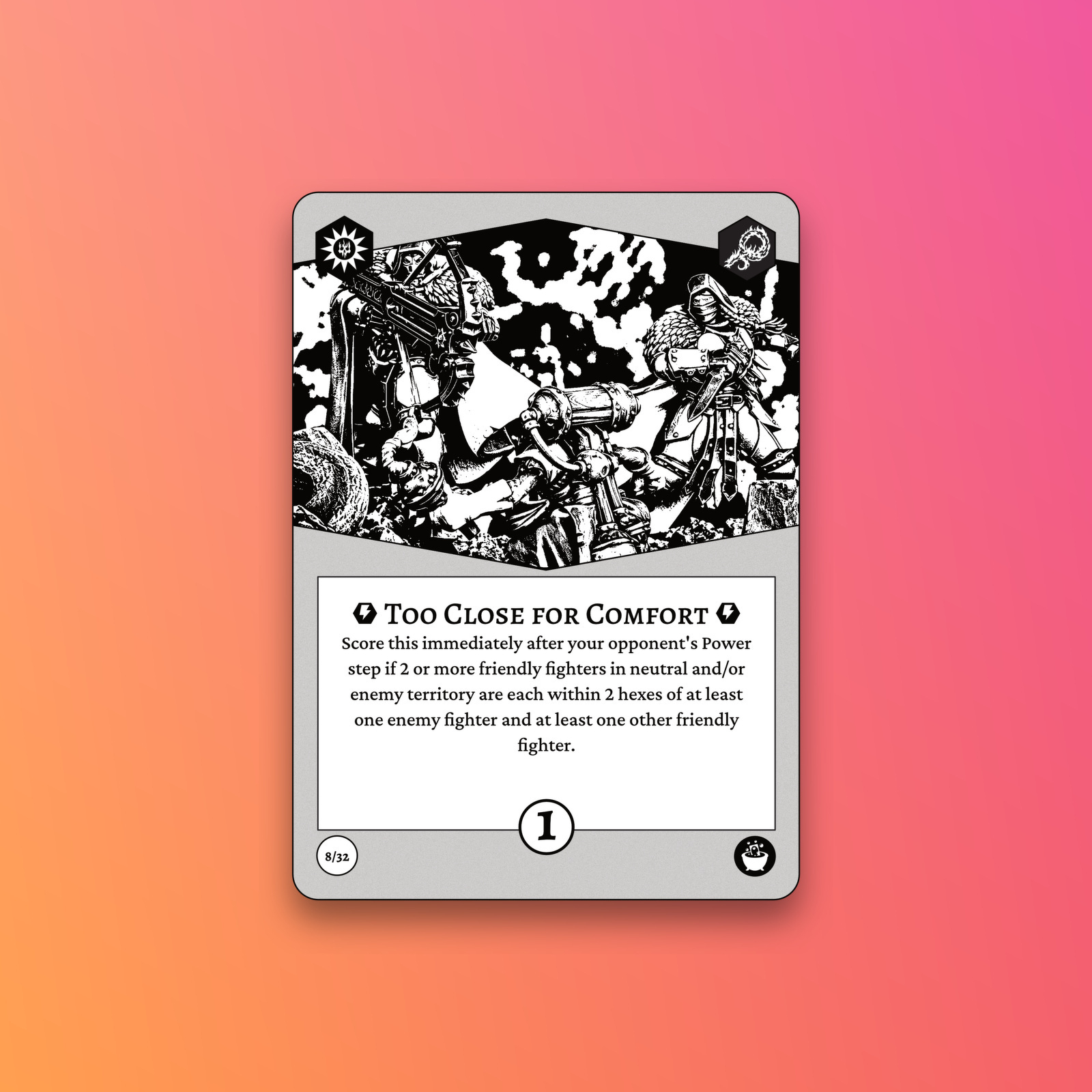 A black-and-white strategic game card titled Too Close for Comfort features an illustration of combat-ready soldiers and contains instructions for scoring based on the proximity of friendly and enemy fighters on the battlefield.