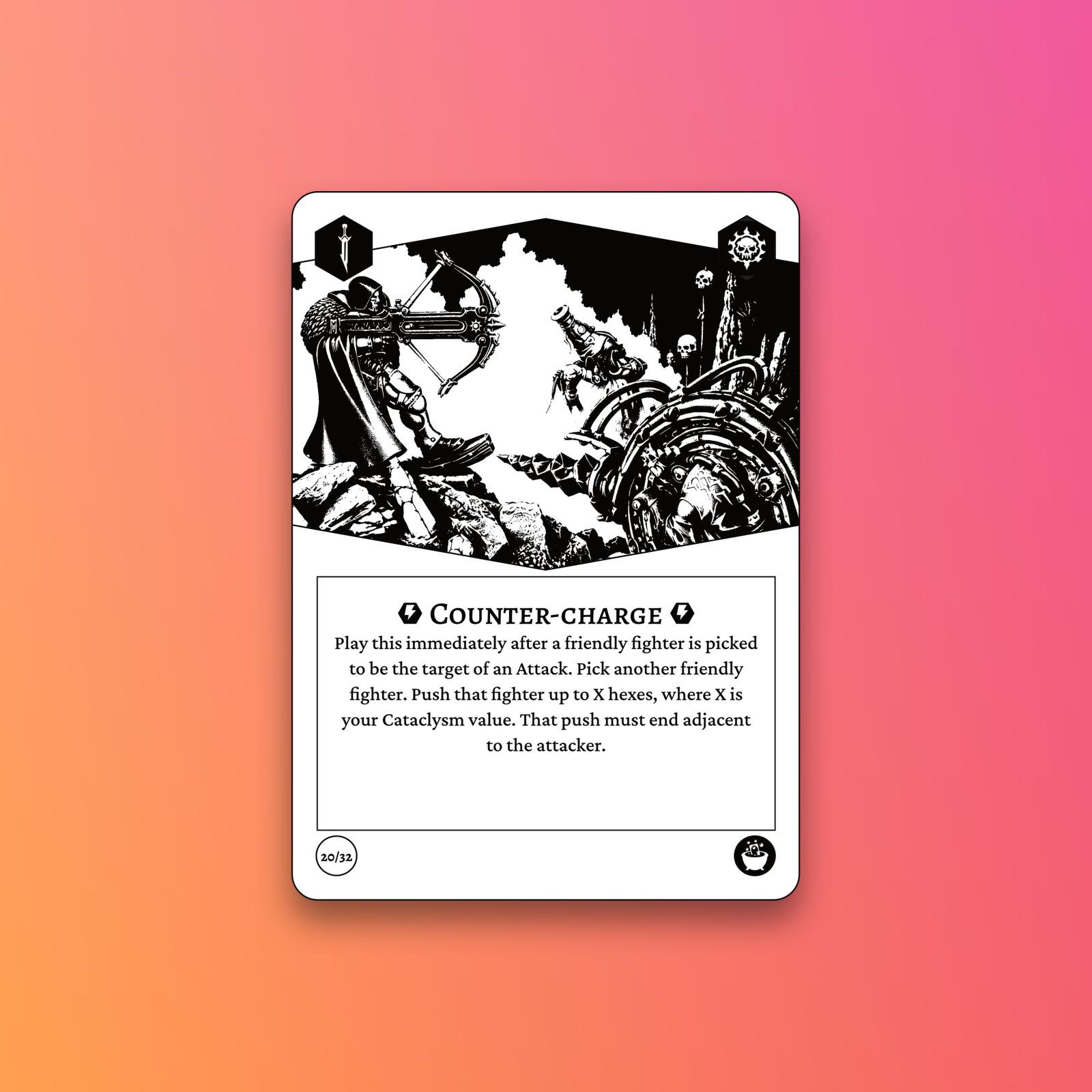 A fantasy-themed game card titled Counter-Charge features artwork of a warrior with a crossbow aiming at an approaching armored opponent, accompanied by instructions for gameplay.