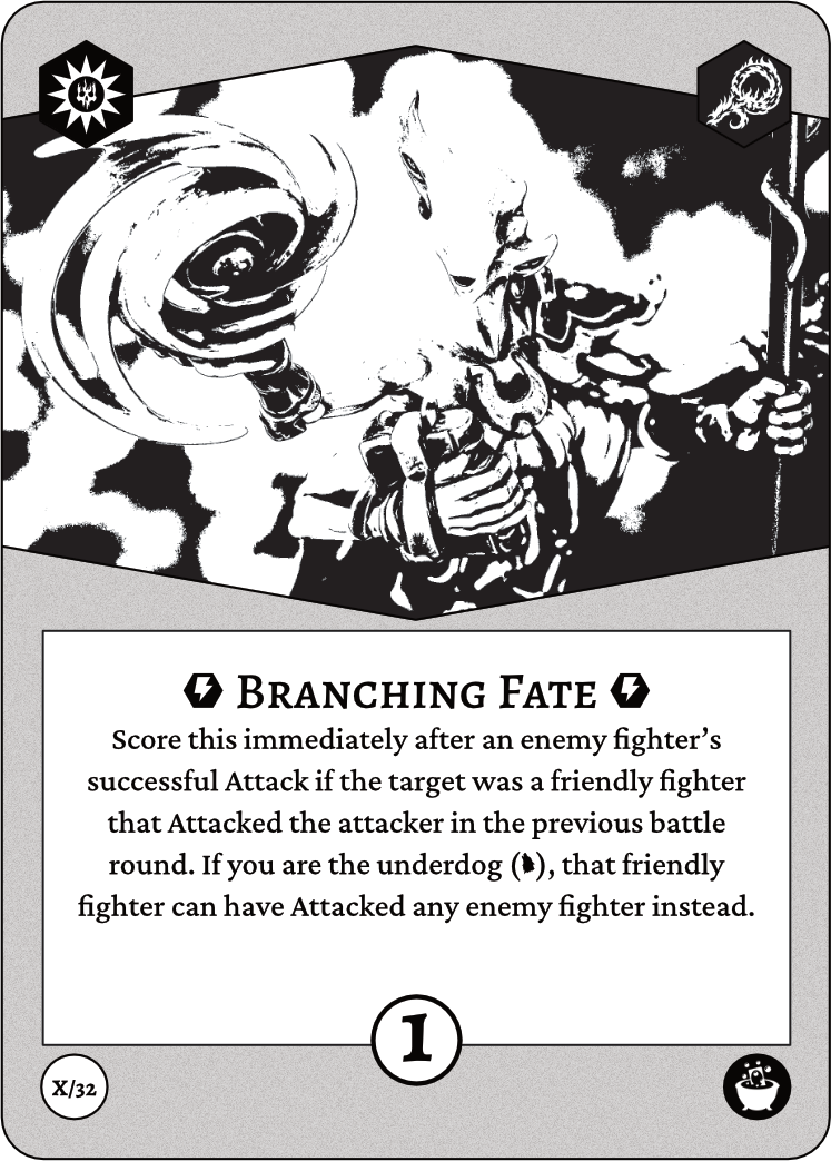 Auto-generated description: A mystical figure holding a swirling staff is depicted above the text describing the Branching Fate game card rule about scoring after an enemy fighter&rsquo;s successful attack.