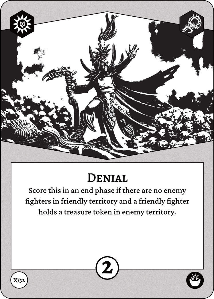 Auto-generated description: A robed figure with a staff stands triumphantly on a pile of skulls, symbolizing the concept of Denial in a game context requiring control over territory and treasure tokens.