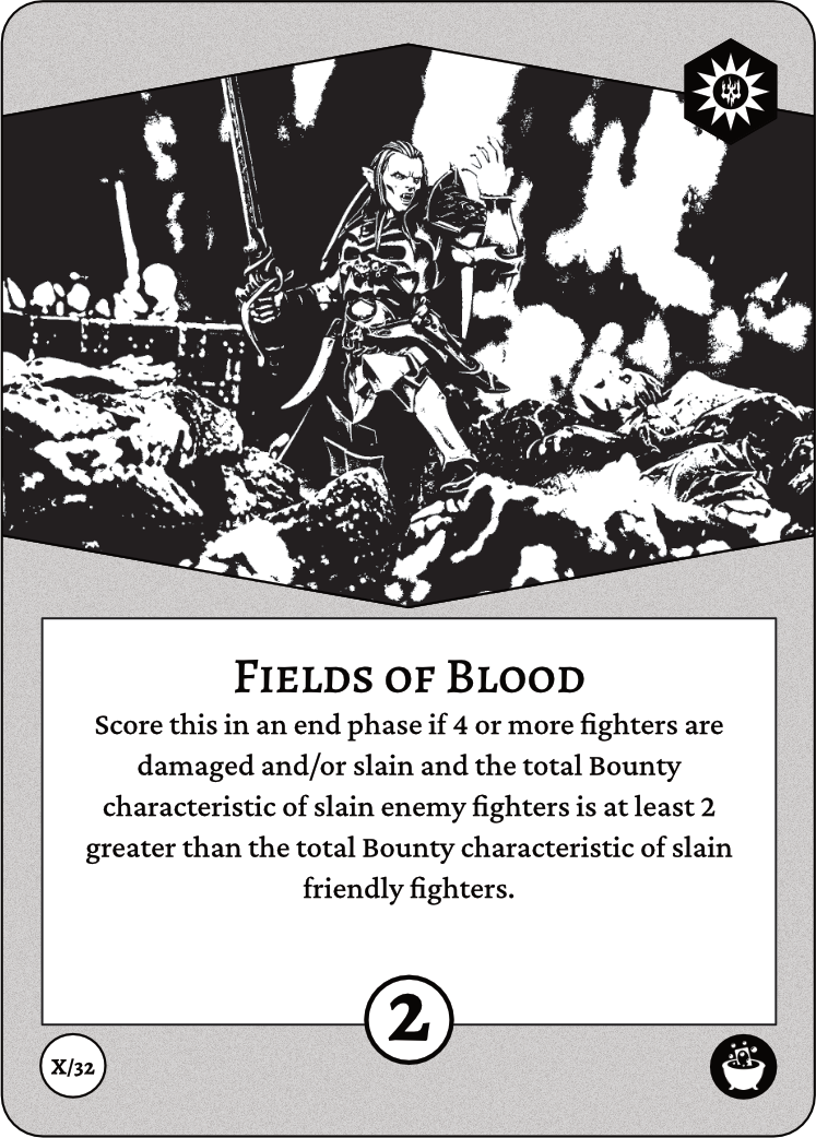 Auto-generated description: A warrior holding a sword stands amidst a battlefield strewn with fallen fighters, emphasizing the conditions for scoring in a game scenario called Fields of Blood.