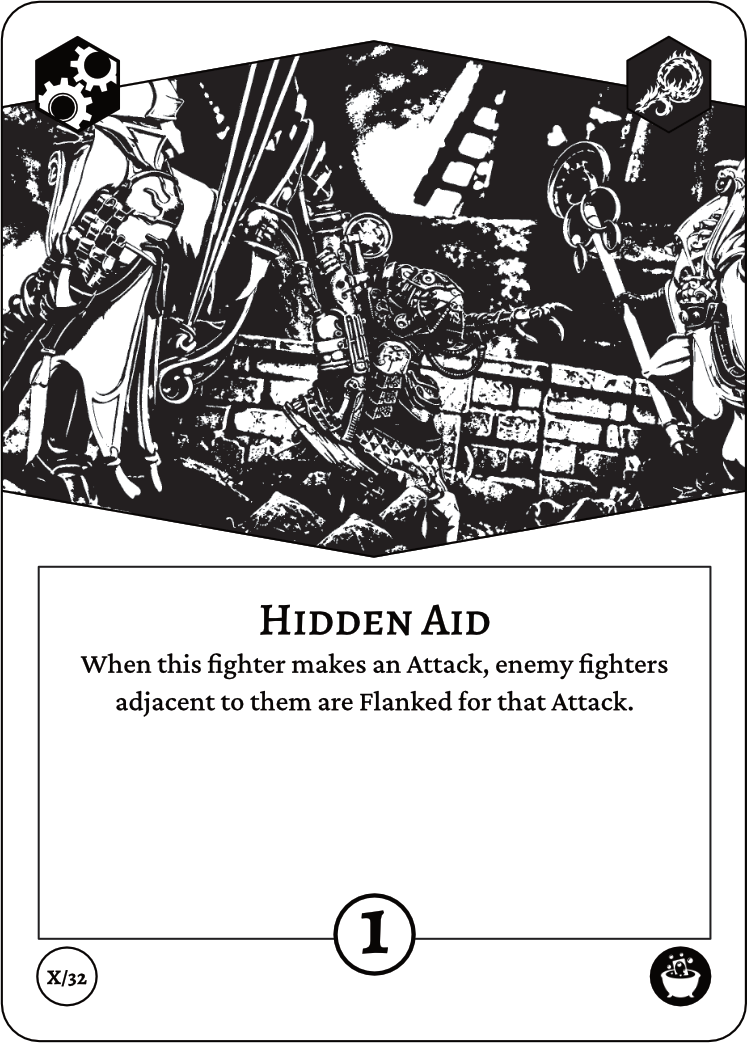 Auto-generated description: A fighter is depicted attacking while enemy fighters positioned adjacent to them are flanked, as described by the card&rsquo;s ability named Hidden Aid.