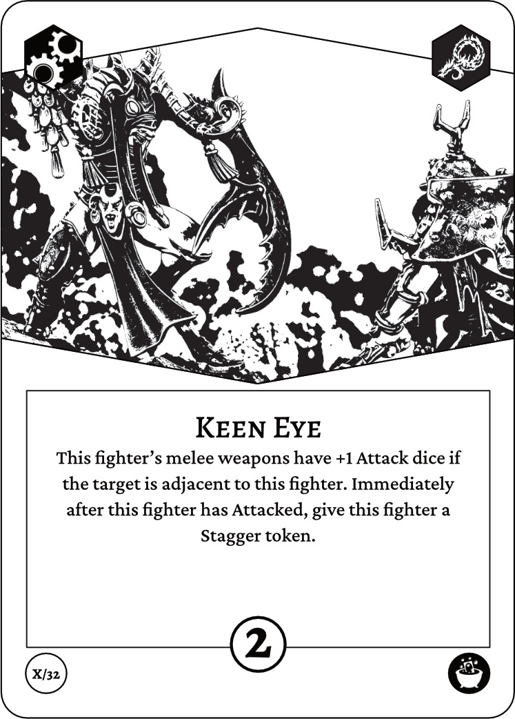 Auto-generated description: A card depicts two armored figures in combat along with text describing a fighter&rsquo;s increased melee attack ability and a consequence of gaining a Stagger token after attacking.