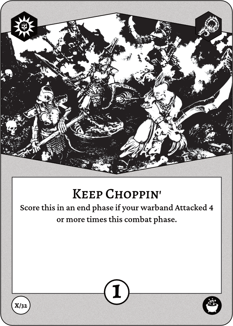 Auto-generated description: Four warriors are depicted in a dynamic combat scene surrounded by dark, chaotic terrain, emphasizing aggressive action in the card game context.